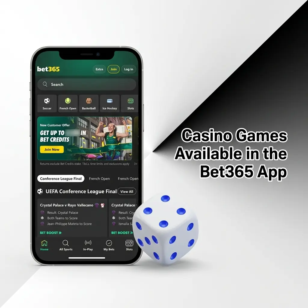 Bet365 casino app game library showing slots, live casino, table games, jackpots, and poker categories on mobile
