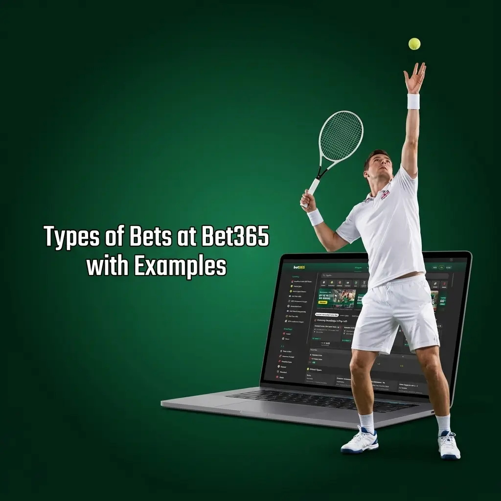 Bet365 bet types table showing Singles, Accumulators, Asian Handicap, Correct Score and more with Indian cricket examples