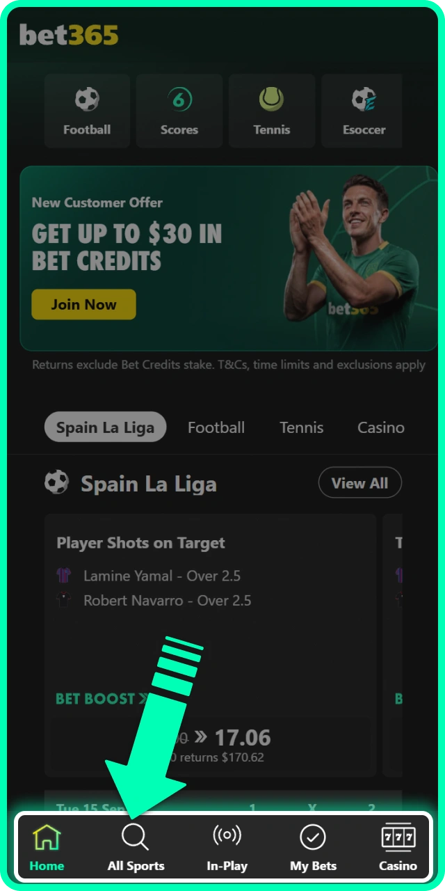Select your favorite sports match or casino game on Bet365.