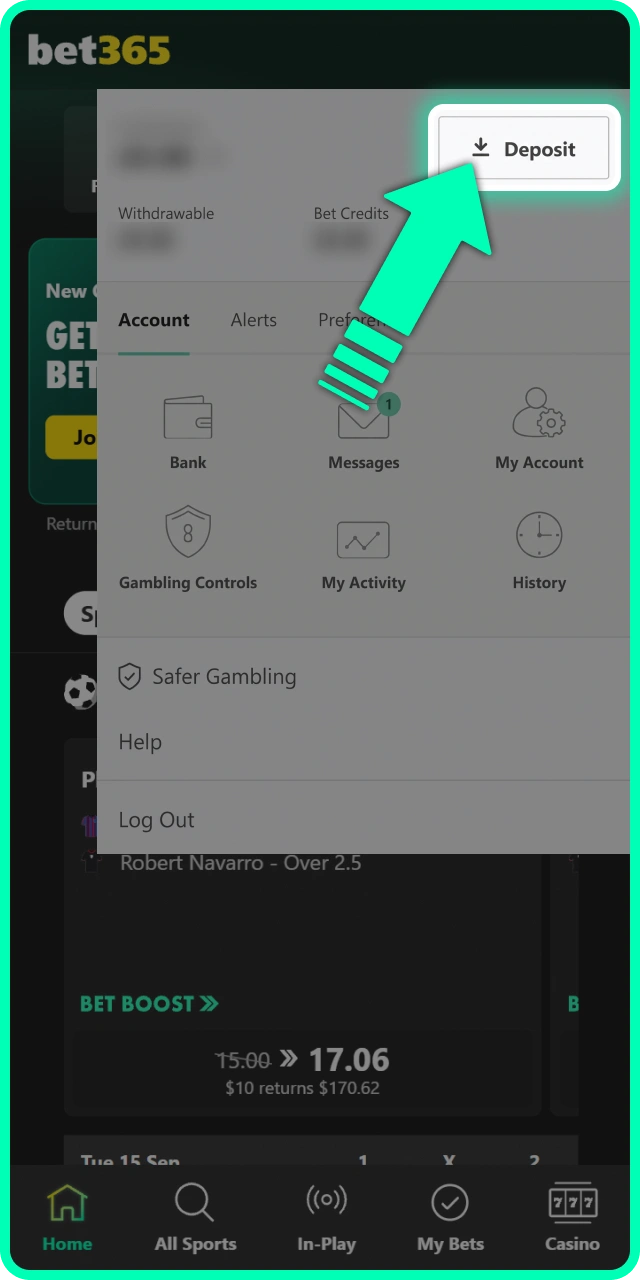 Deposit funds into your account balance on Bet365 India site.