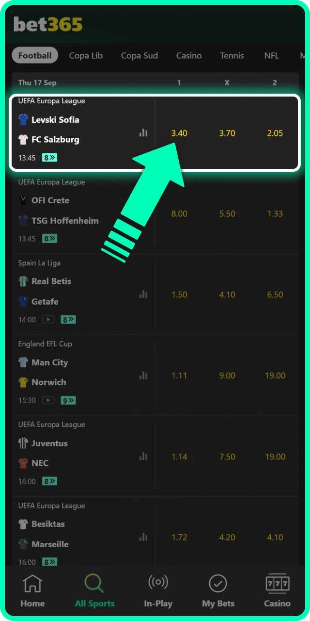 Add selected betting market odds to your slip on Bet365.