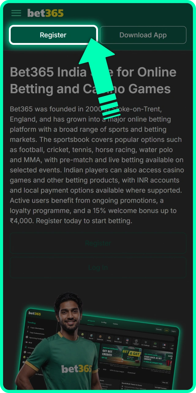 Register a new user profile on Bet365 India platform.