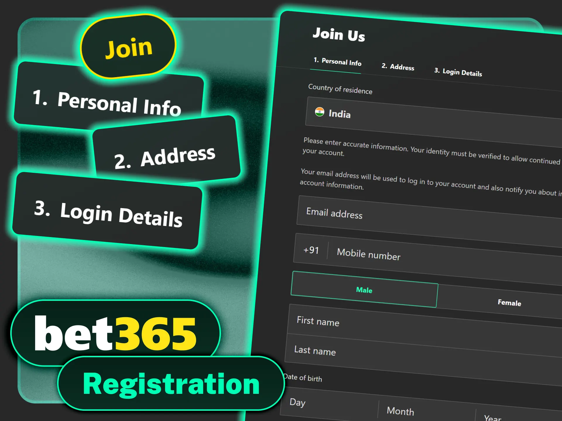 Complete the simple user registration form on Bet365 official website.